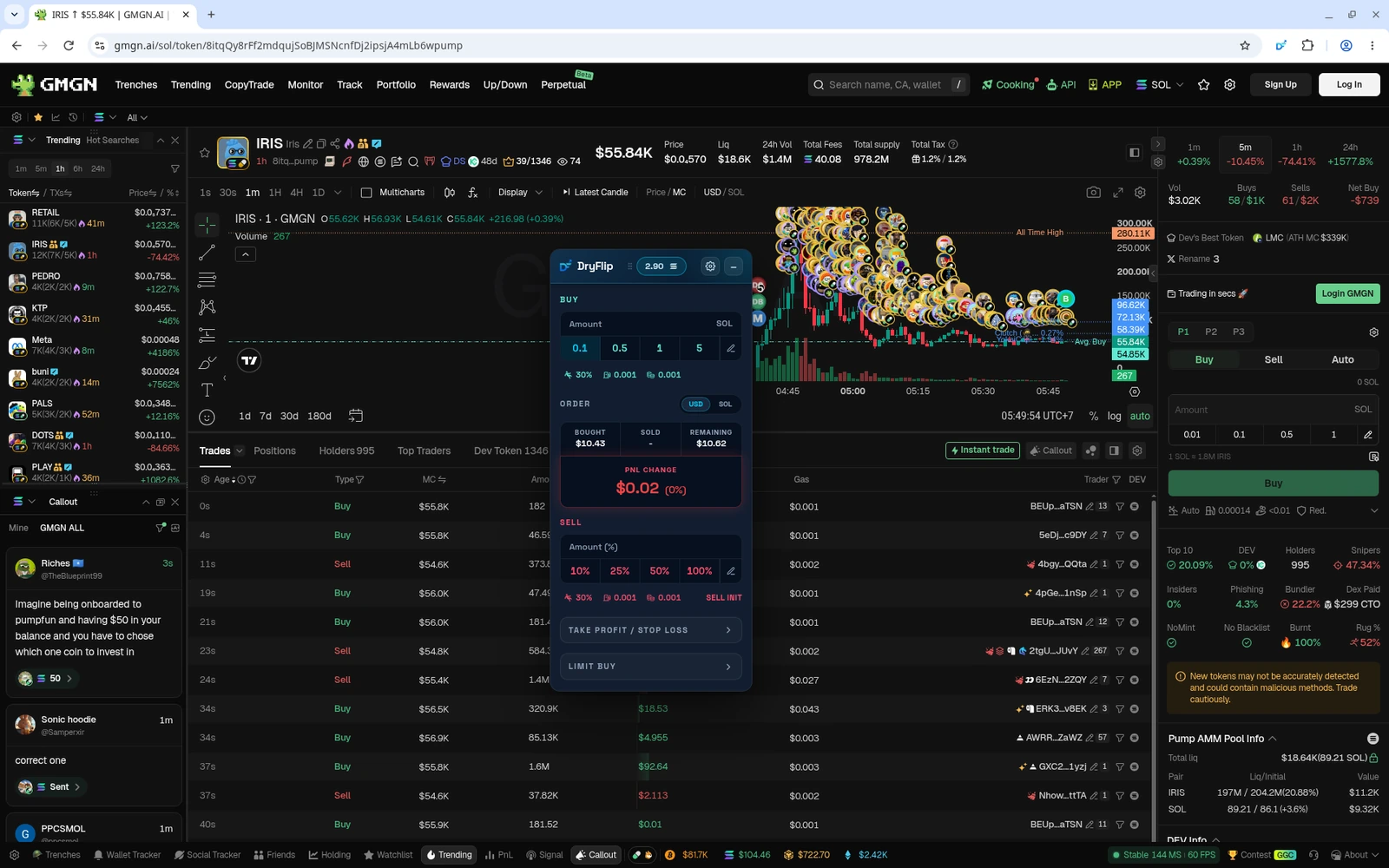 Contoh paper buy 0.1 SOL: muncul marker B di chart