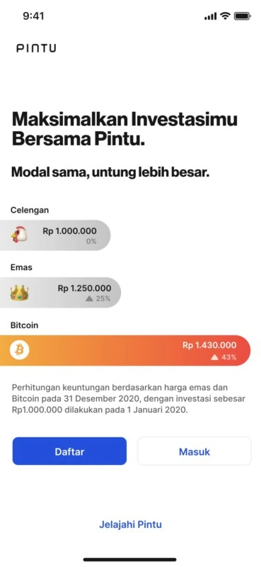 Layar awal aplikasi Pintu: pilih Daftar untuk akun baru (tampilan bisa berbeda dengan versi terbaru). (Sumber: Blog Pintu)