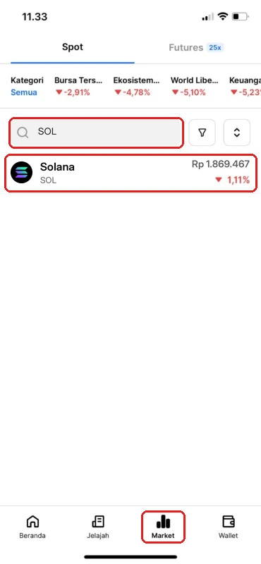 Ilustrasi (diedit dari screenshot resmi Pintu): tap Market, cari SOL. Angka/harga hanya contoh.