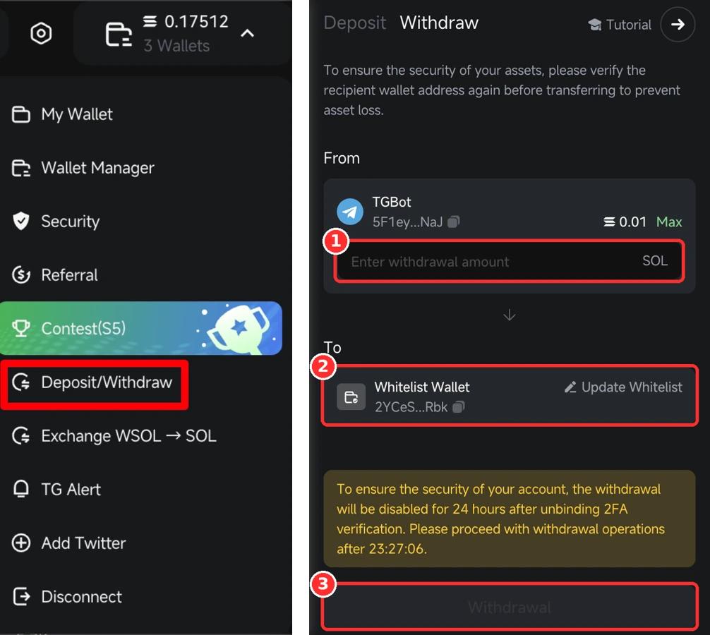 Menu Deposit/Withdraw dan halaman Withdraw di web GMGN: ① jumlah SOL, ② alamat whitelist (To), ③ tombol Withdrawal. Angka hanya contoh. (Sumber: GMGN Docs, diberi kotak merah)