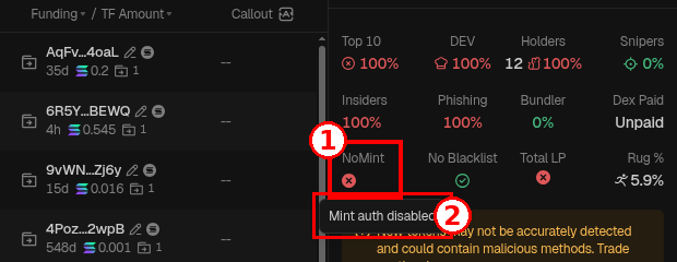 TURBO: ① NoMint dengan ✗ merah, ② tooltip "Mint auth disabled". Screenshot GMGN (18 Okt 2026). Token hanya contoh, bukan rekomendasi.