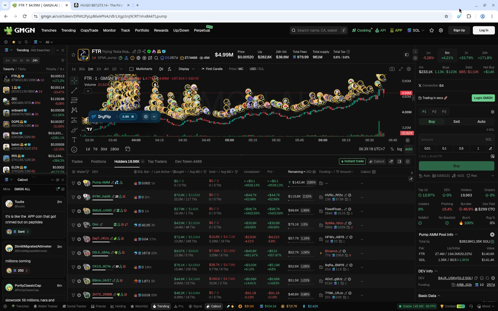 Halaman token GMGN (contoh token FTR): panel kanan berisi Top 10, DEV, Snipers, Insiders, Bundler, NoMint, No Blacklist, Burnt, plus DEV Info. Tab Holders ada di bawah chart