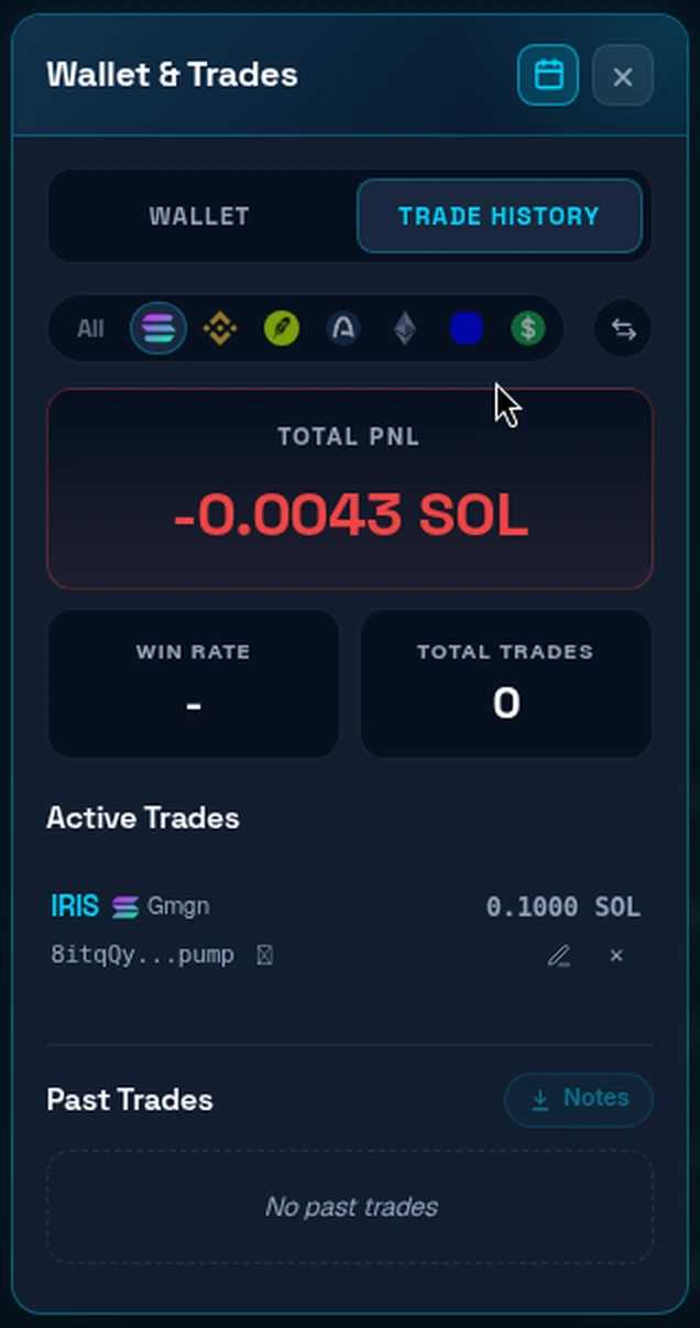 Contoh tampilan Trade History di DryFlip: Total PnL, Win Rate, Total Trades, posisi aktif, dan tombol Notes