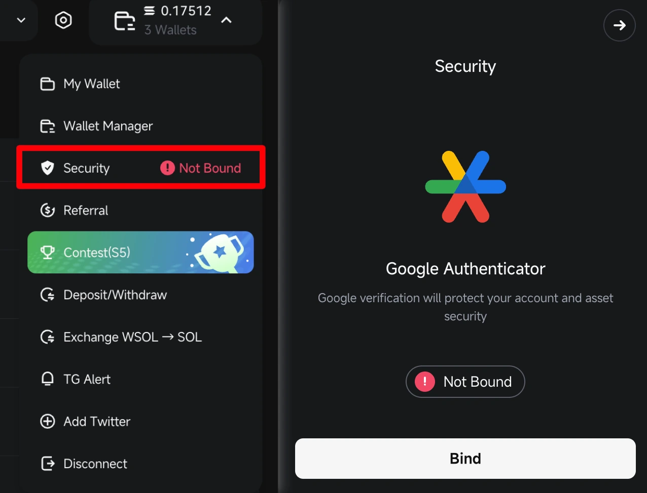 Menu Security GMGN: Google Authenticator, klik Bind. (Sumber: GMGN Docs)