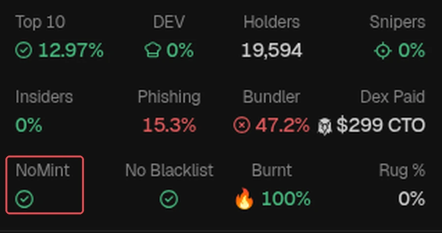 Red box: NoMint green check (example token FTR), meaning the dev can no longer print new tokens. GMGN screenshot (Oct 2026). Token is only an example, not a recommendation.