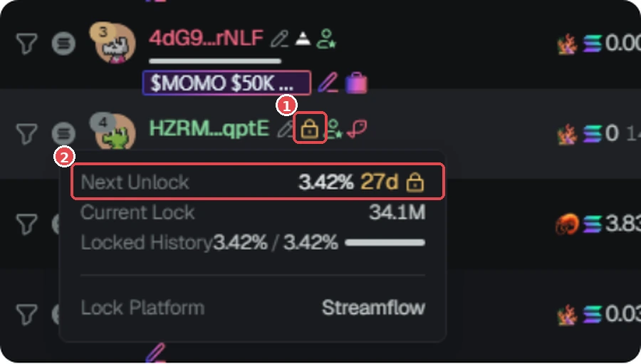 ① Padlock icon on a holder row, ② tooltip Next Unlock 3.42% · 27d: part of the tokens is locked (through Streamflow) and this is when it unlocks. GMGN screenshot (Oct 2026). Token is only an example, not a recommendation.