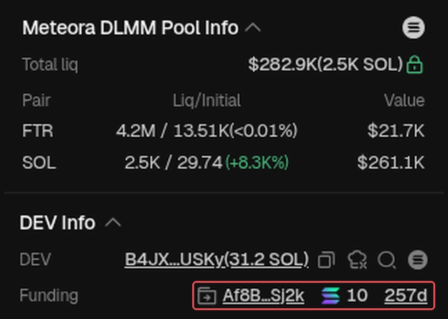 DEV Info: red box on Funding Af8B…Sj2k · 10 SOL · 257d, the wallet that funded the dev's wallet 257 days ago. GMGN screenshot (Oct 2026). Token is only an example, not a recommendation.