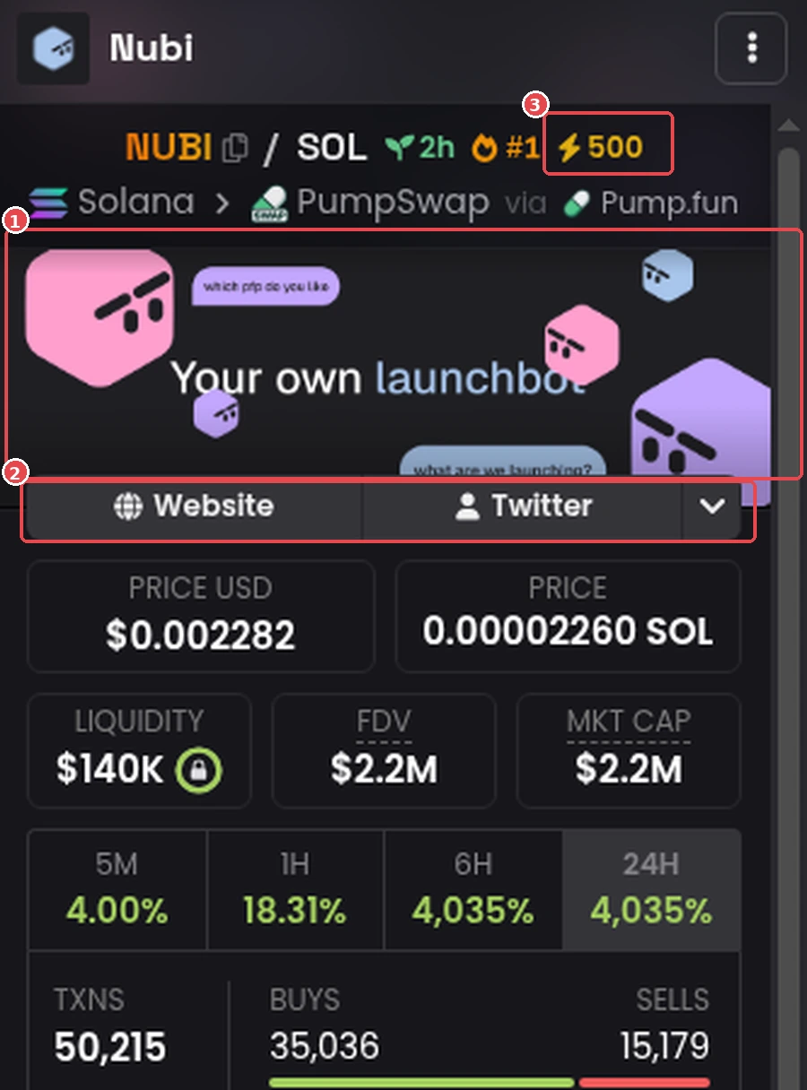 Dex Paid profile on Dexscreener (token NUBI): ① profile banner, ② Website and Twitter buttons, ③ 500 is a Boost (a separate feature from the profile). Dexscreener screenshot (Oct 2026). Token is only an example, not a recommendation.