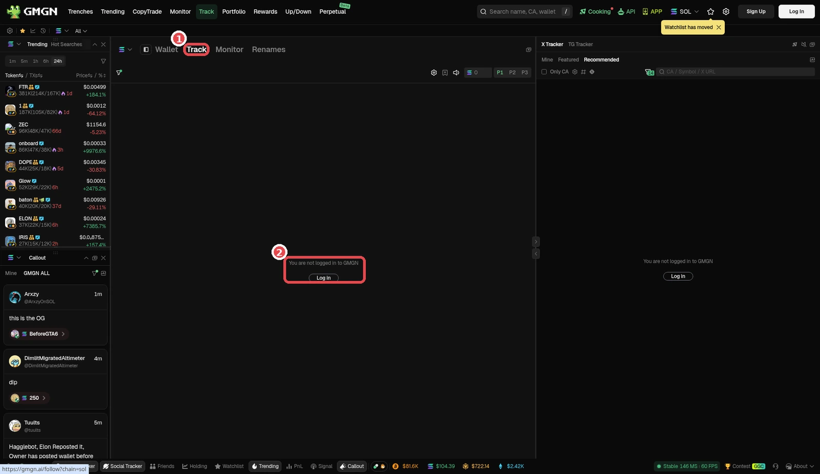 The Track page on GMGN: ① Track tab, ② the wallet tracking feature needs you to Log in first. GMGN screenshot (Oct 2026). Token is only an example, not a recommendation.