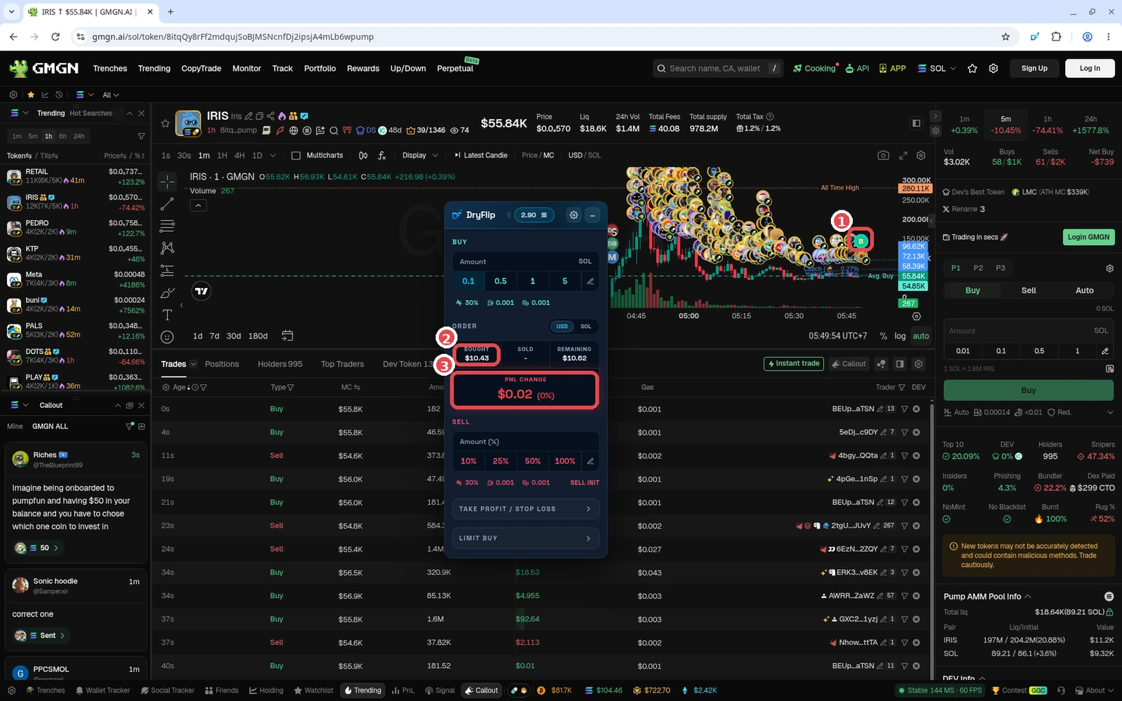 Example paper buy of 0.1 SOL in DryFlip: ① B marker (buy point) on the chart, ② Bought $10.43, ③ PnL change. GMGN + DryFlip screenshot (Oct 2026). Token is only an example, not a recommendation.