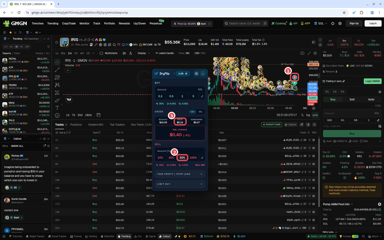 Example paper sell of 50%: ① S marker (sell point) on the chart, ② 50% button, ③ Sold $5.19. GMGN + DryFlip screenshot (Oct 2026). Token is only an example, not a recommendation.