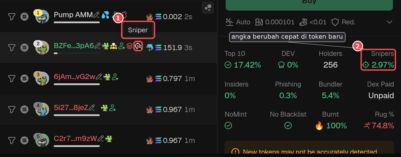 Real example, token Hilton: ① hover over the crosshair icon next to wallet BZFe…3pA6 and the tooltip "Sniper" appears. That's the Sniper icon on a wallet row. ② The total held by snipers is on the right panel (here Snipers 2.97%), and the number can change fast on new tokens. Not a prediction. GMGN screenshot (checked Oct 18, 2026, logged out), numbers at the time of checking. Token is only an example, not a recommendation.